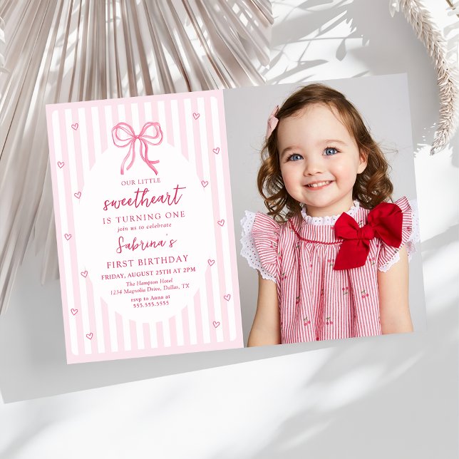 Invitación Pink Bow Our Little Sweetheart Birthday Photo (Subido por el creador)