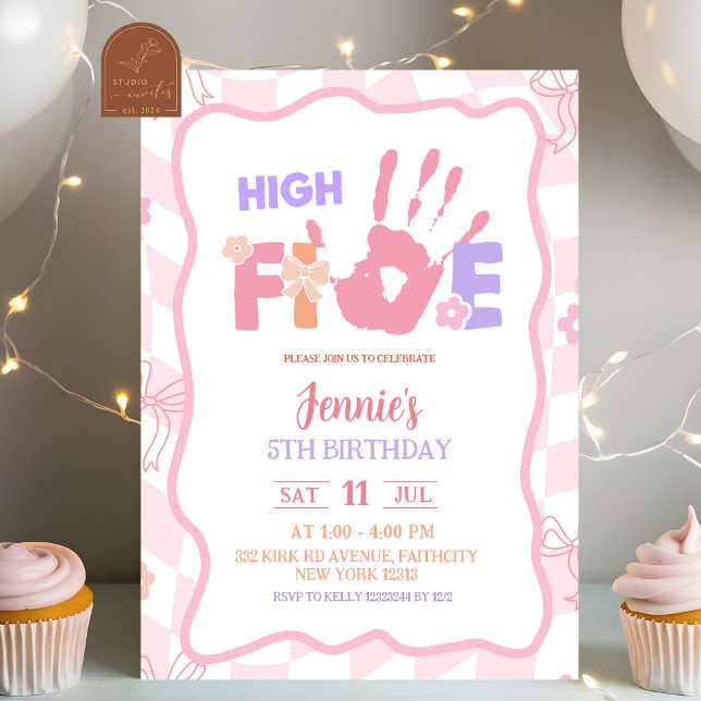 Invitación Pink Bow Pastel Retro High Five Party Birthday (Subido por el creador)