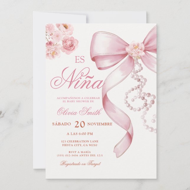 Invitación Pink Bow Pearl Floral Es Nina Spanish Baby Shower  (Anverso)