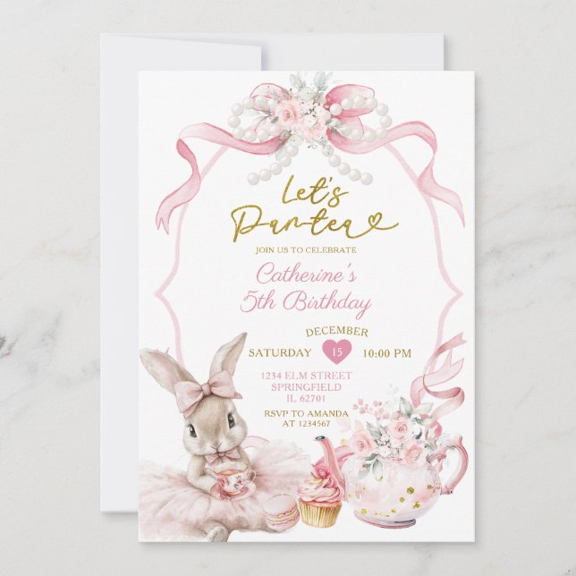 Invitación Pink Bow Pearl Let's Par-tea Bunny Girl Birthday (Anverso)