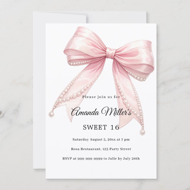 Invitación Pink bow pearls elegant Sweet 16 luxury (Anverso)