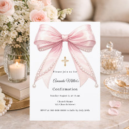 Invitación Pink bow pearls girl elegant Confirmation