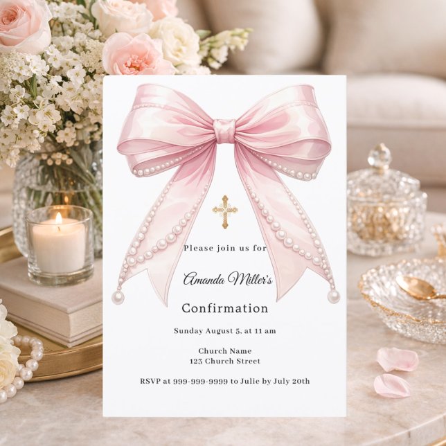 Invitación Pink bow pearls girl elegant Confirmation (Subido por el creador)