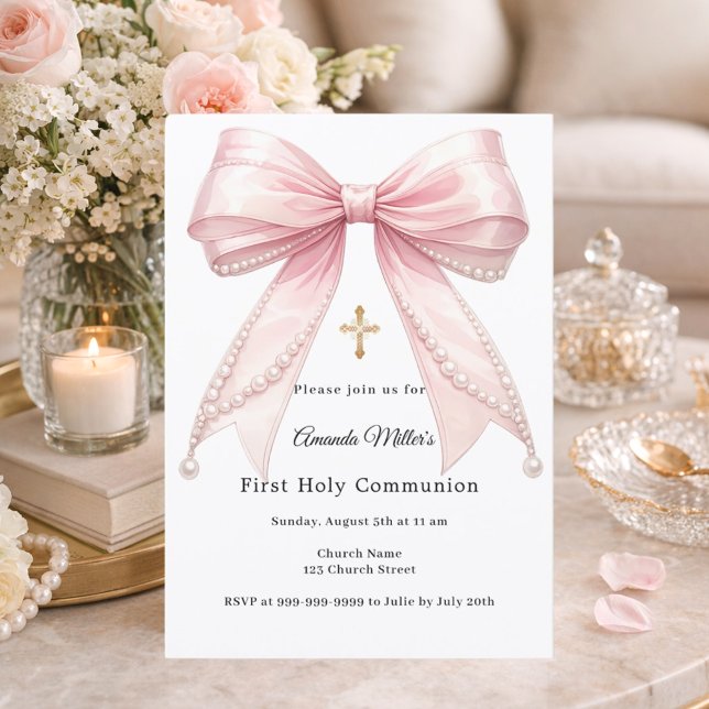 Invitación Pink bow pearls girl elegant First Communion (Subido por el creador)