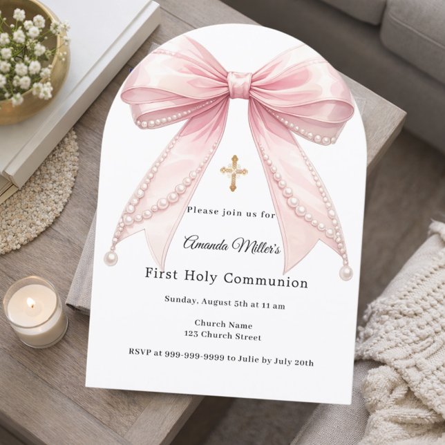 Invitación Pink bow pearls girl elegant First Communion Arch (Subido por el creador)