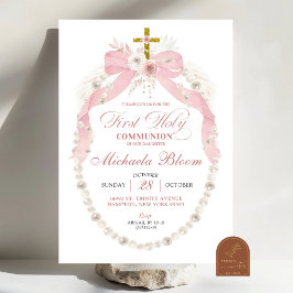 Invitación Pink Bow Pearls primera cristianización de la Sant