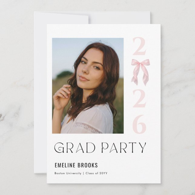 Invitación Pink Bow Photo Grad Party Graduation (Anverso)