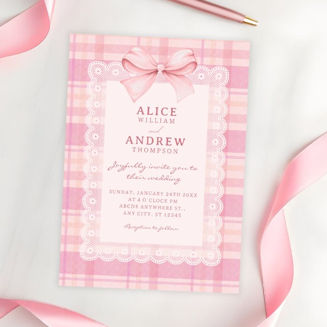 Invitación Pink bow plaid wedding (Subido por el creador)