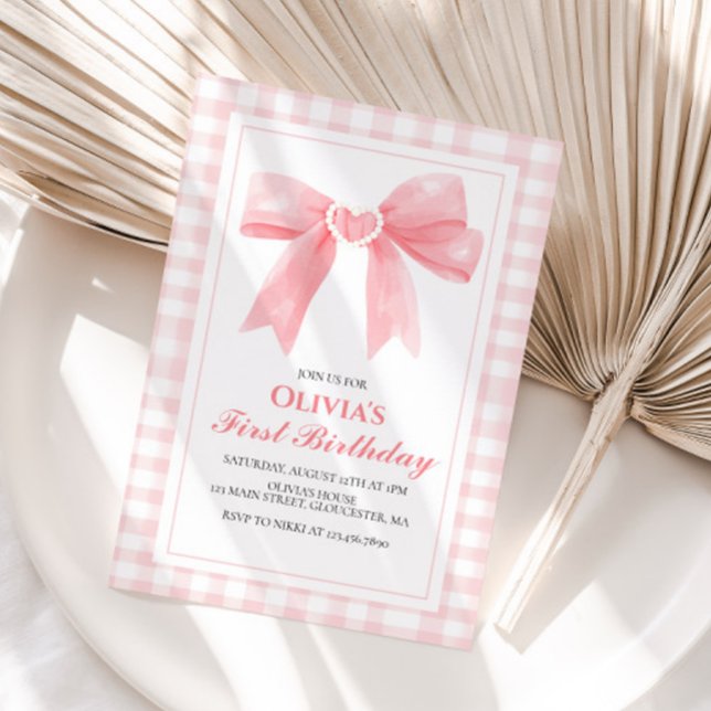 Invitación Pink Bow preppy Coquette primer cumpleaños (Subido por el creador)