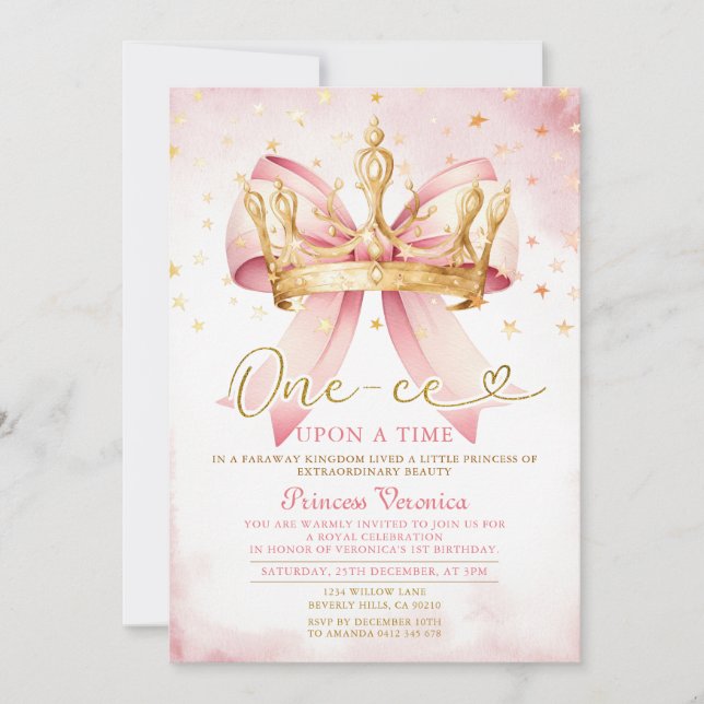 Invitación Pink Bow Princess ONE-CE Upon a time 1st birthday (Anverso)