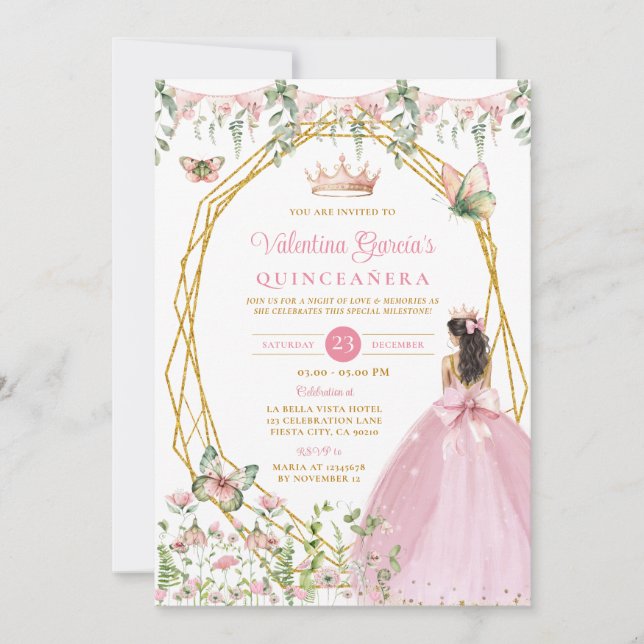 Invitación Pink Bow Princess Quinceañera Butterfly Garden (Anverso)