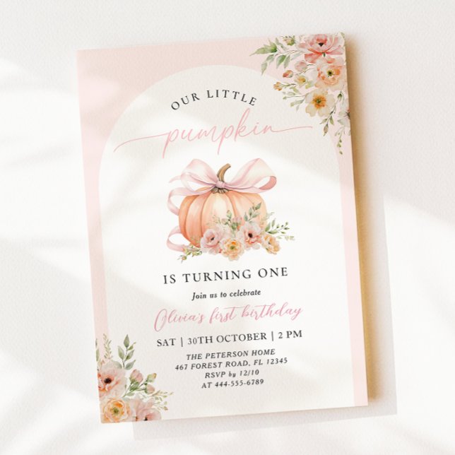 Invitación Pink Bow Pumpkin Floral First Birthday (Subido por el creador)
