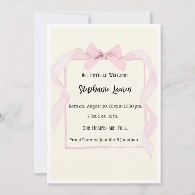 Invitación Pink Bow Ribbon Baby Birth Announcement Photo (Anverso)