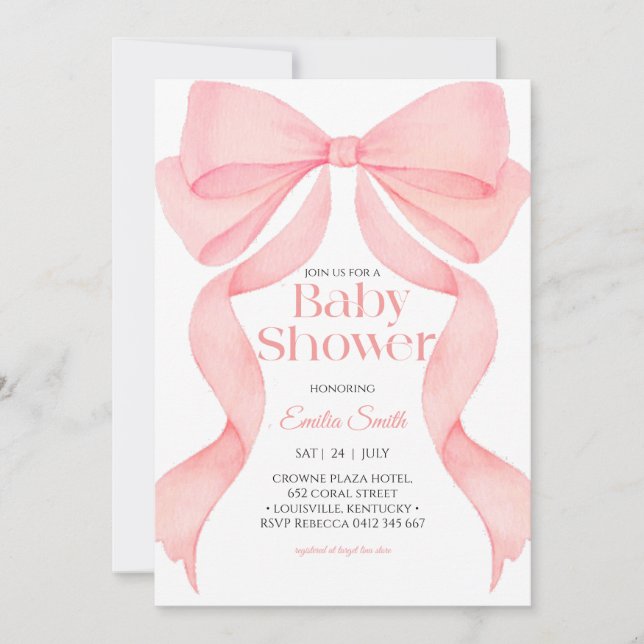 Invitación Pink bow ribbon baby shower  (Anverso)
