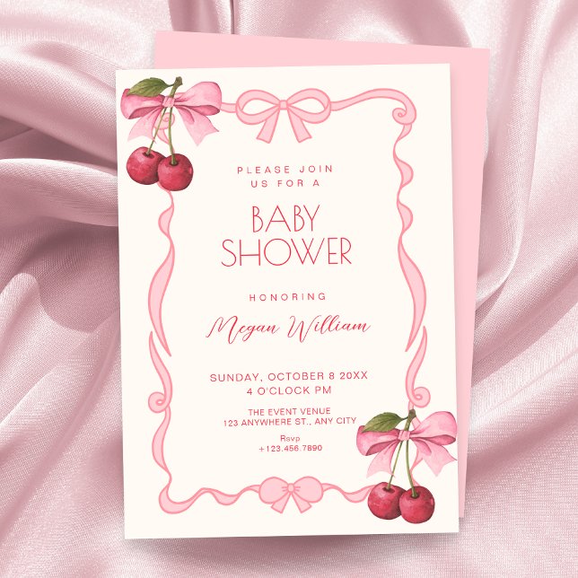 Invitación Pink bow ribbon cherry baby shower (Subido por el creador)