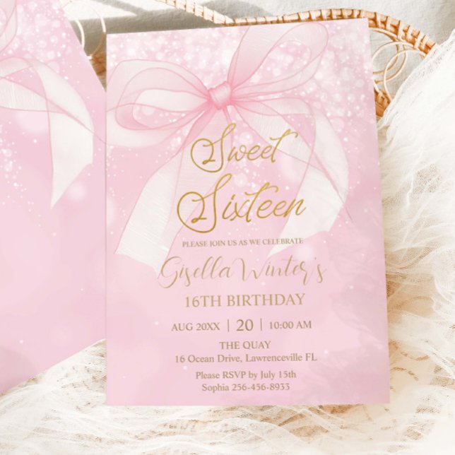 Invitación Pink Bow Ribbon Coquette Sweet 16 Sixteen Birthday (Subido por el creador)