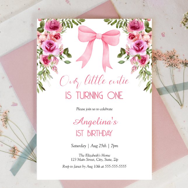 Invitación Pink Bow Rosa Floral Little Cutie Cumpleaños (Subido por el creador)
