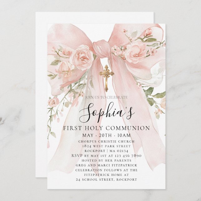 Invitación Pink Bow Rose Floral Girl First Communion (Anverso / Reverso)