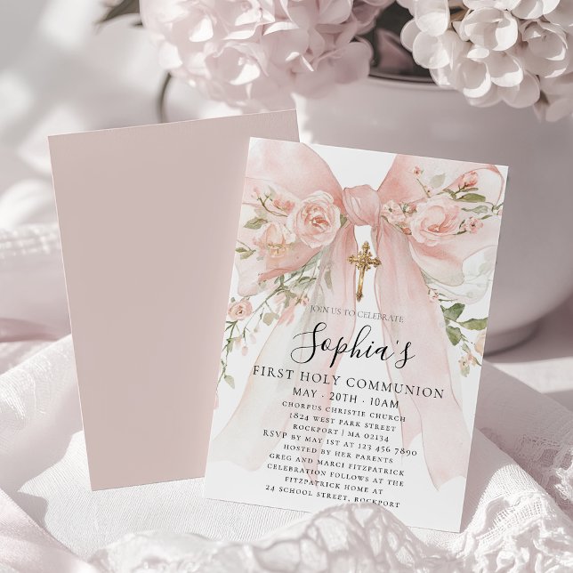 Invitación Pink Bow Rose Floral Girl First Communion (Subido por el creador)