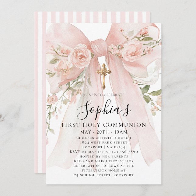 Invitación Pink Bow Rose Floral Girl First Communion (Anverso / Reverso)