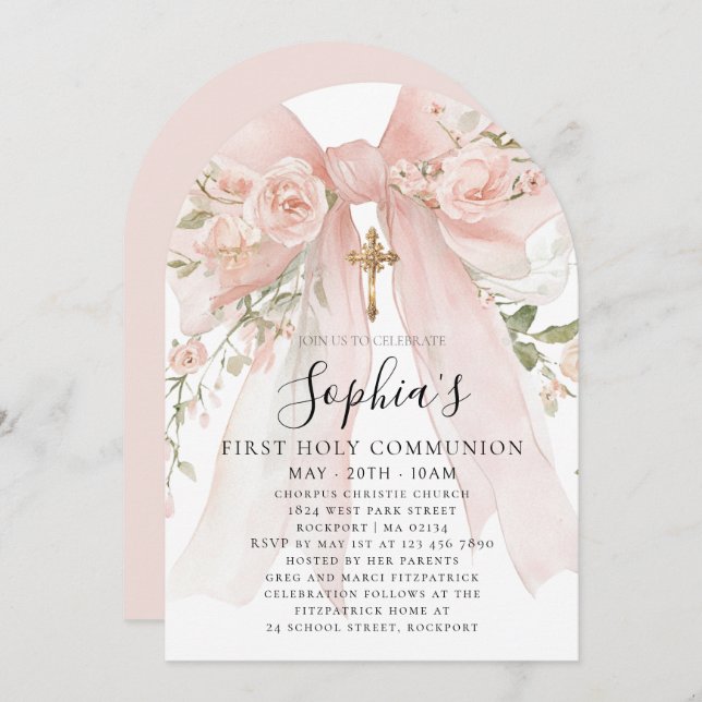 Invitación Pink Bow Rose Floral Girl First Communion Arch (Anverso / Reverso)