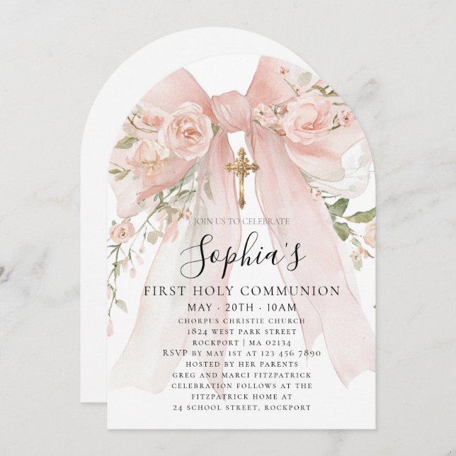 Invitación Pink Bow Rose Floral Girl First Communion Arch (Anverso / Reverso)