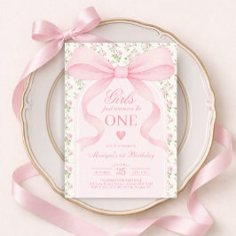 Invitación Pink Bow Rose Girls Just Wanna Be One 1st Birthday