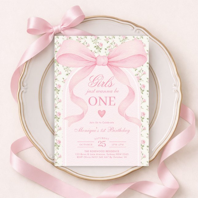 Invitación Pink Bow Rose Girls Just Wanna Be One 1st Birthday (Subido por el creador)