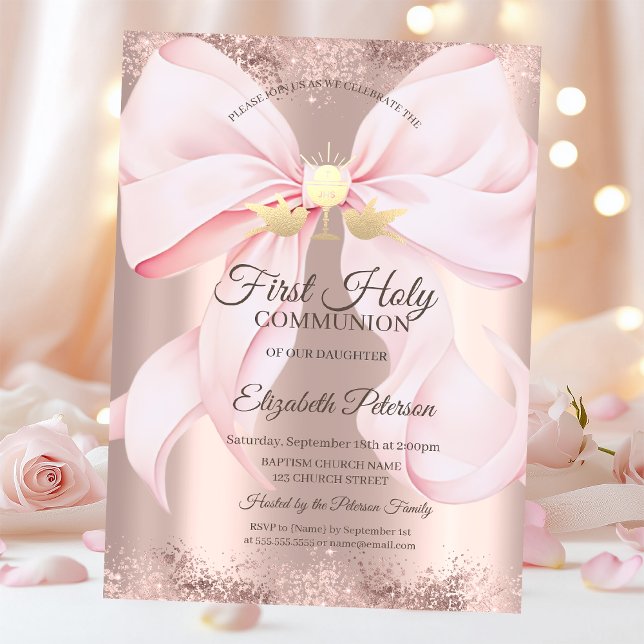Invitación Pink Bow Rose Gold First Holy Communion   (Subido por el creador)