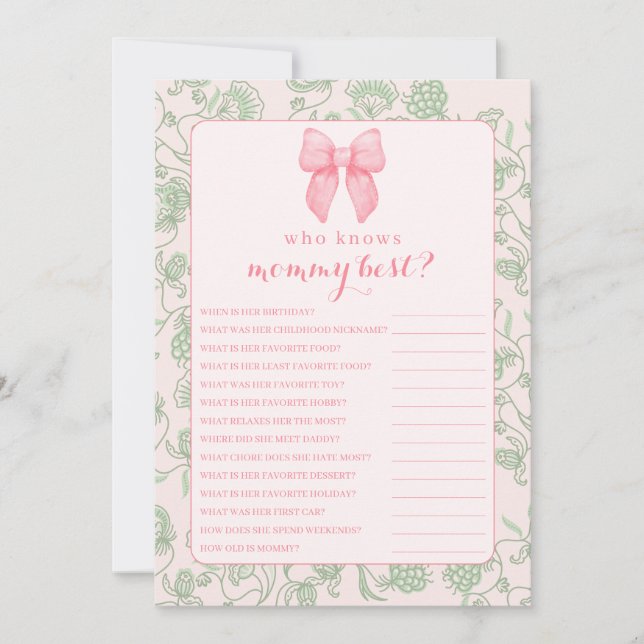 Invitación Pink Bow Sage Green Baby Shower Game (Anverso)