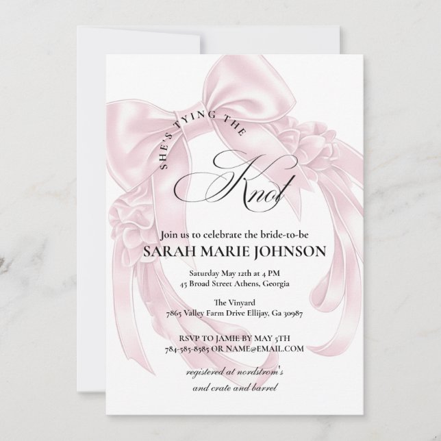 Invitación Pink Bow She's tying the knot Bridal Shower (Anverso)