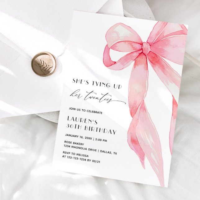 Invitación Pink Bow She's Tying Up Her Twenties 30th Birthday (Subido por el creador)