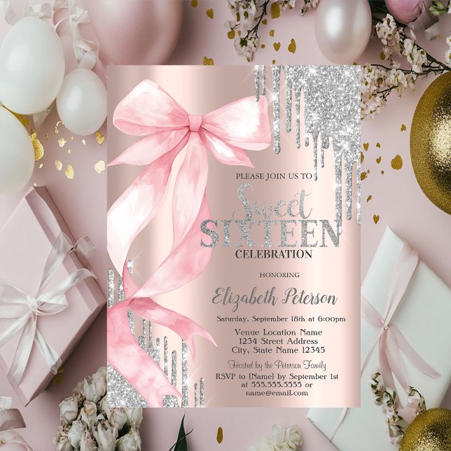 Invitación Pink Bow Silver Glitter Drips Rose Gold Sweet 16 (Subido por el creador)