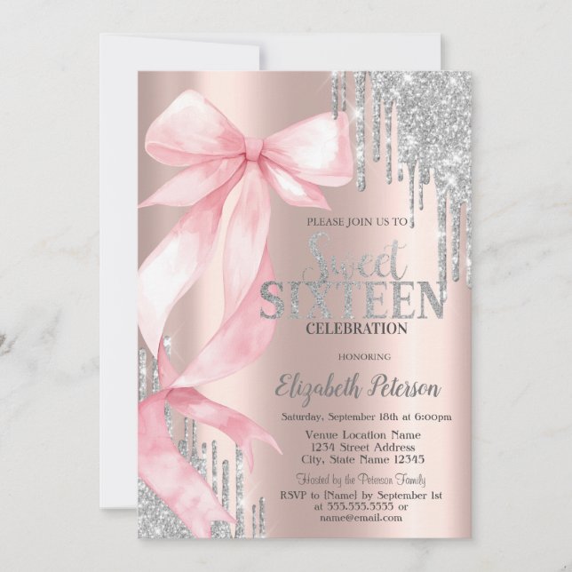 Invitación Pink Bow Silver Glitter Drips Rose Gold Sweet 16 (Anverso)