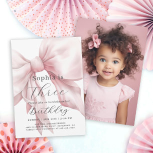Invitación Pink Bow Simple Girly Birday Party con foto