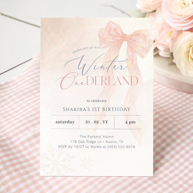 Invitación Pink Bow Snowflake Winter Onederland 1st Birthday (Subido por el creador)