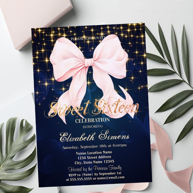 Invitación Pink Bow Sparkle Navy Blue (Subido por el creador)
