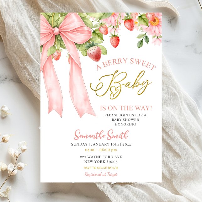 Invitación Pink Bow Strawberry Baby Shower Invitation (Subido por el creador)