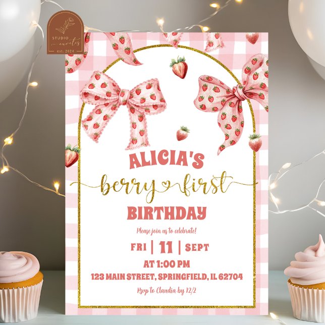 Invitación Pink Bow strawberry berry first birthday (Subido por el creador)