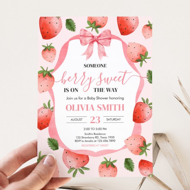 Invitación Pink Bow Strawberry Berry Sweet Baby Shower (Pink Coquette Strawberry Berry Sweet Birthday Party Invitation)