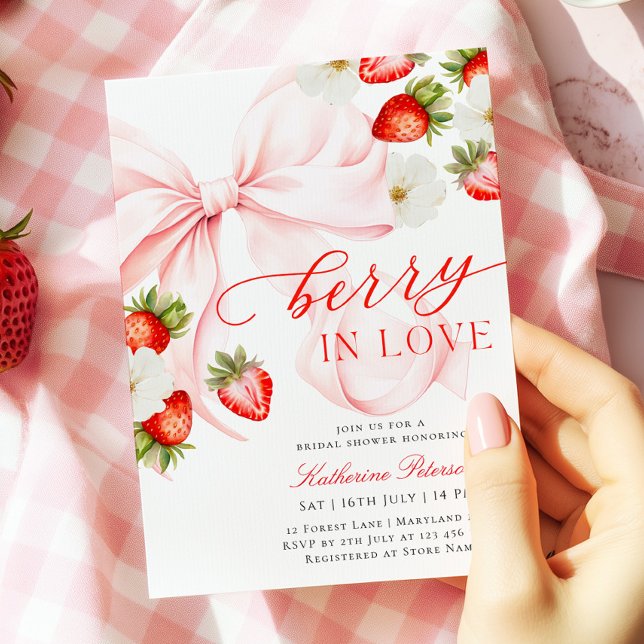 Invitación Pink Bow Strawberry Bridal Shower Invitation (Subido por el creador)