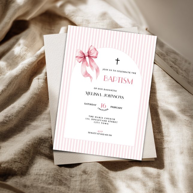 Invitación Pink Bow Striped Baptism Invitation for Girls (Pink bow baptism invitation for girls. )