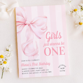 Invitación Pink Bow Stripes First Birthday