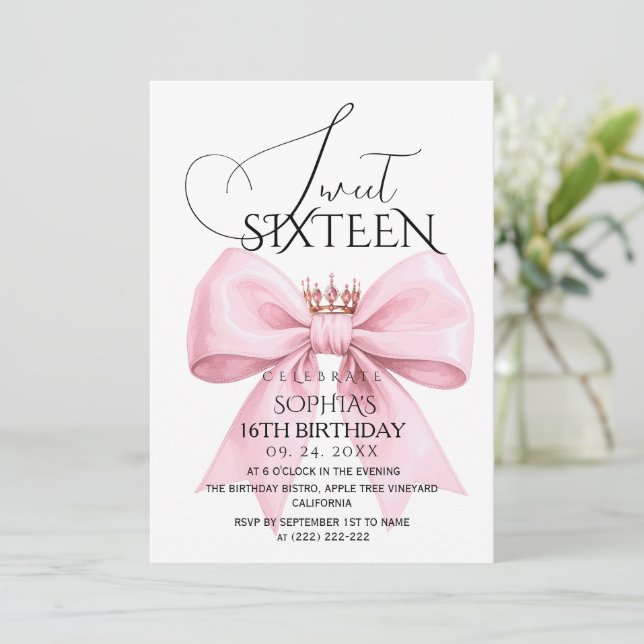 Invitación Pink Bow Sweet 16 Birthday Party (Anverso de pie)
