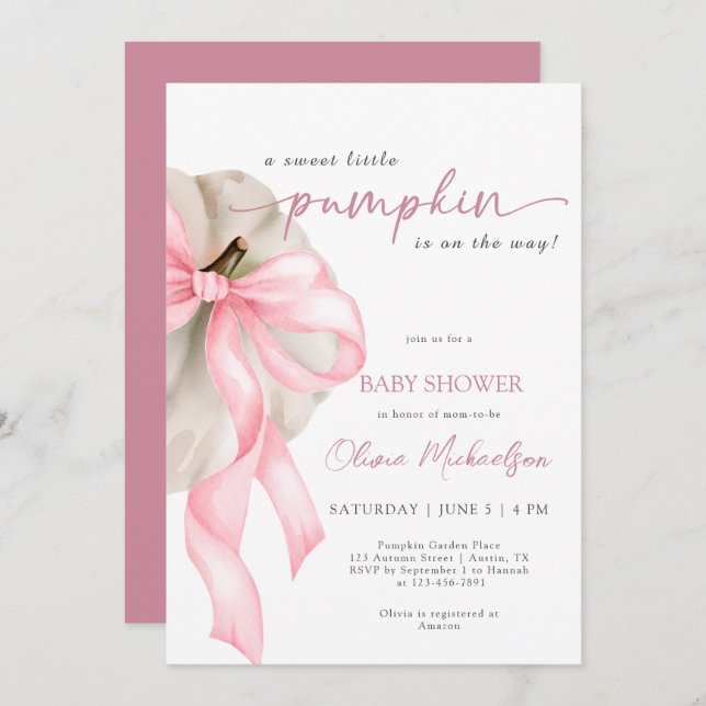Invitación Pink Bow Sweet Little Pumpkin Coquette Baby Shower (Anverso / Reverso)