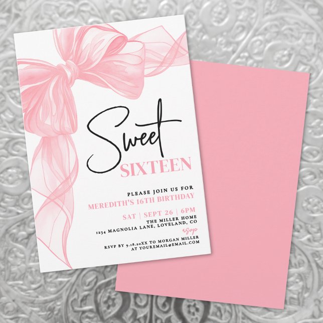 Invitación Pink Bow Sweet Sixteen 16th Birthday (Pink Bow Sweet Sixteen 16th Birthday Invitation)