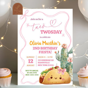 Invitación Pink Bow Taco Mexicano Twosday segundo Chica de cu