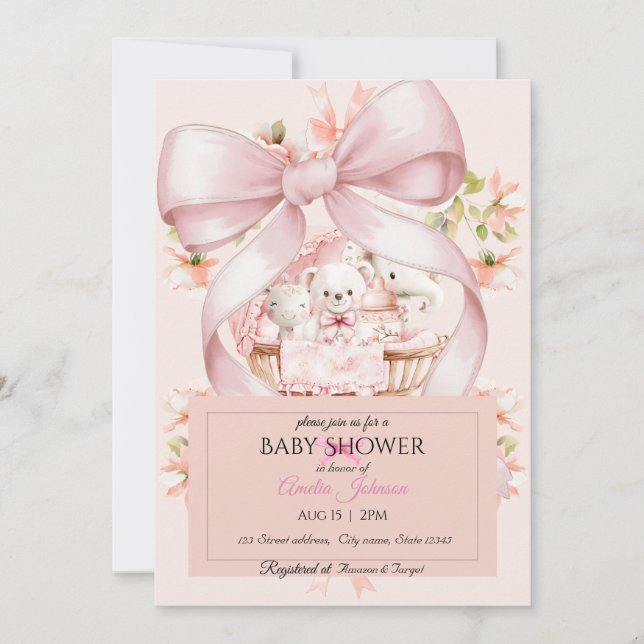 Invitación Pink Bow Teddy Bear and Airplane Watercolor Tees (Anverso)