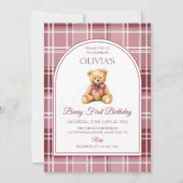 Invitación Pink Bow Teddy Bear Tartan Birthday