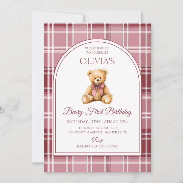 Invitación Pink Bow Teddy Bear Tartan Birthday (Anverso)